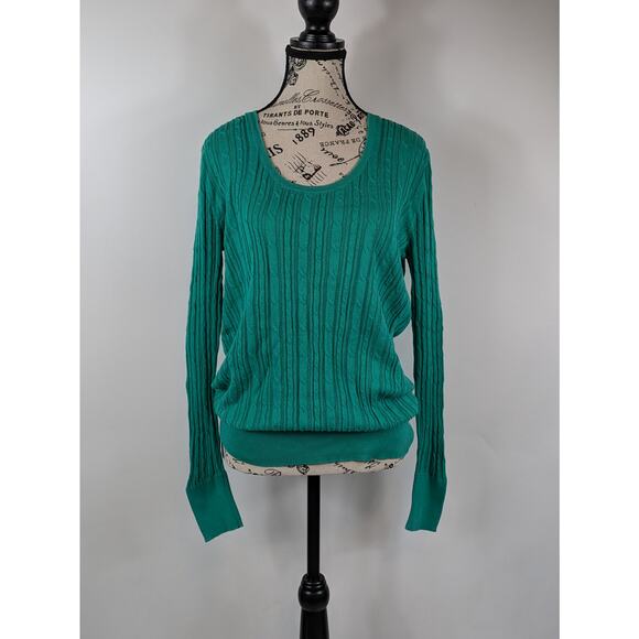 Old Navy Womens Large T-Shirt Long Sleeve Cable Knit Teal Green Low Scoop Neck - Picture 1 of 10
